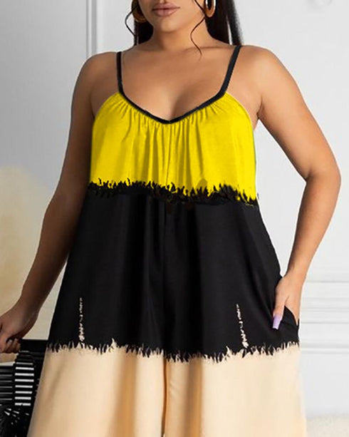 Colorblock Pocket Design Ruched Wide Leg Jumpsuit